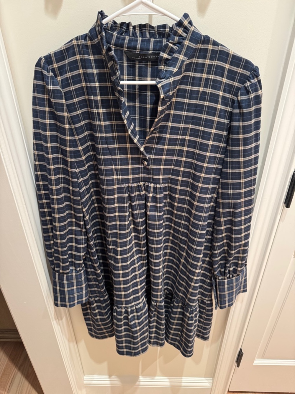 Zara Blue and Cream Plaid Ruffle-Neck Tiered Dress